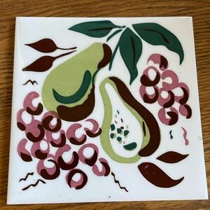 Vintage Chippy Crazing Lines Wheeling Cushion Pear & Cherries Ceramic Tile